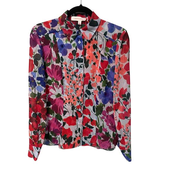 NWT Carolina Herrera Classic Long Sleeve Button Down Celeste Multi Floral Size 2 - Picture 2 of 9